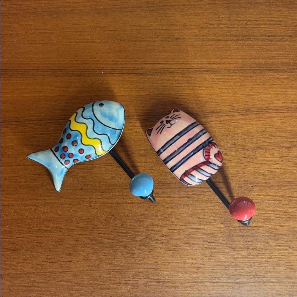 Colorful Fish and Cat Wall Hooks handmade of ceramics hand coloured
